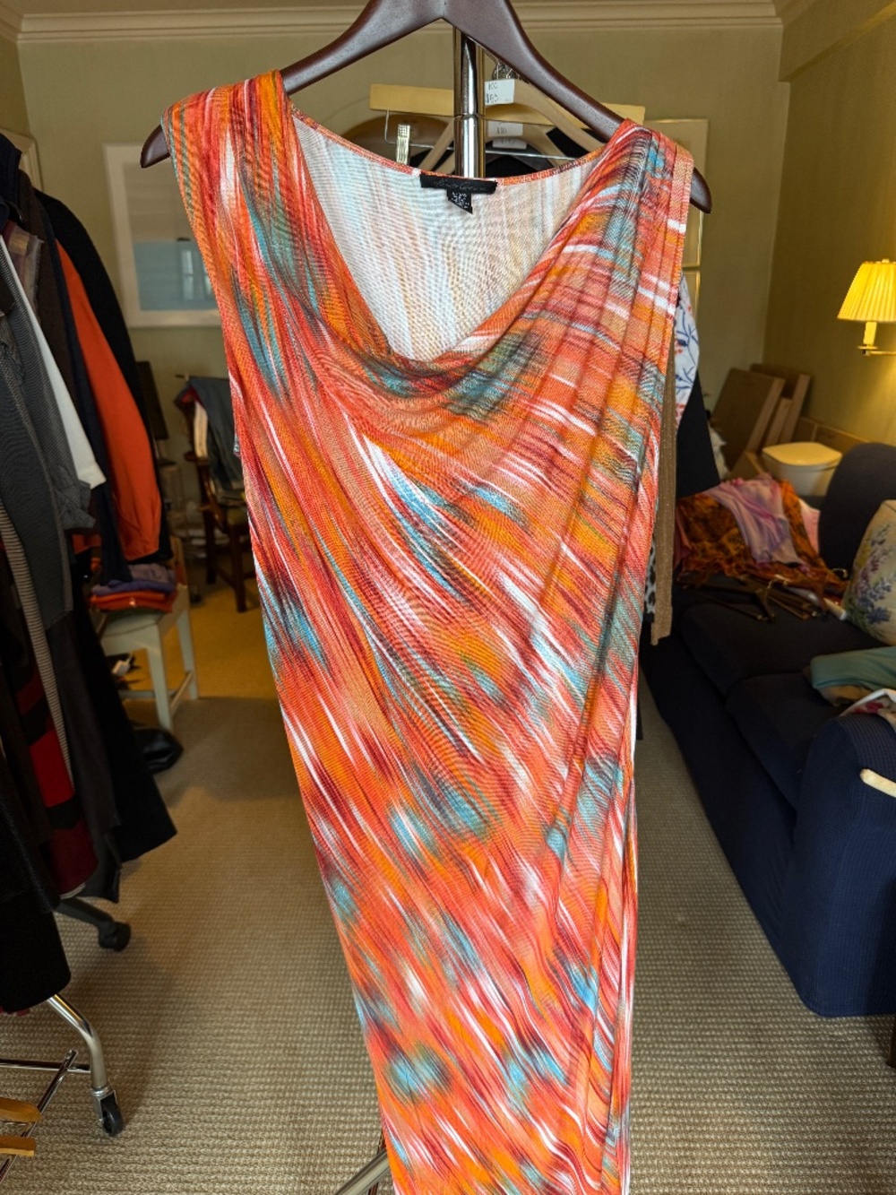 Vintage Kenneth Cole sleeveless draped dress in a vibrant sunset abstract print